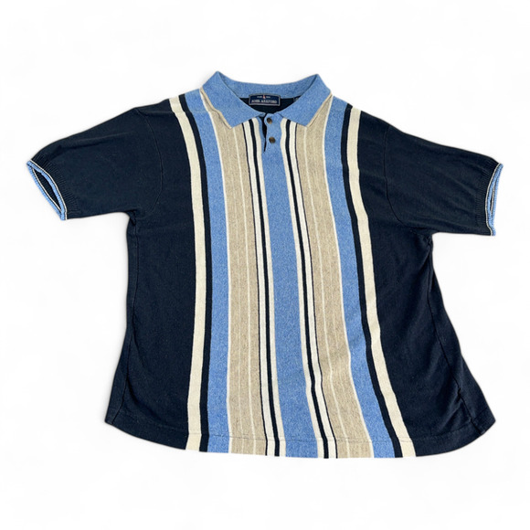 Vintage John Ashford Polo Shirt Adult MEDIUM Blue Brown Stripes Linen Blend 90s - Picture 1 of 8